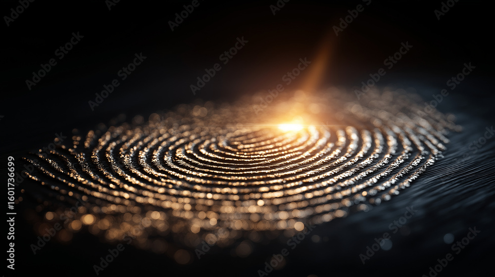Poster cybernetic fingerprint : an close-up photograph of an illuminated fingerprint, its intricate ridges 