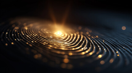 Fingerprint Security: An abstract, digital fingerprint, glowing with radiant light, symbolizes security, technology, and biometric identification. The intricate pattern evokes concepts of protection.