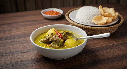 Delicious Indonesian Beef Curry Served with Rice and Crackers