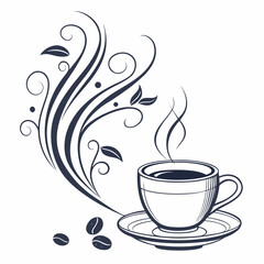 Dark blue coffee cup with swirling decorative elements and beans saucer coffee beans