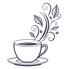 Dark blue coffee cup with swirling steam and leaves saucer swirls