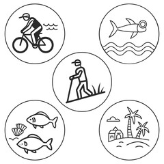 Cycling fishing hiking island beach vacation icons bicycle person