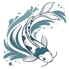 Elegant koi fish swimming through blue water waves vector