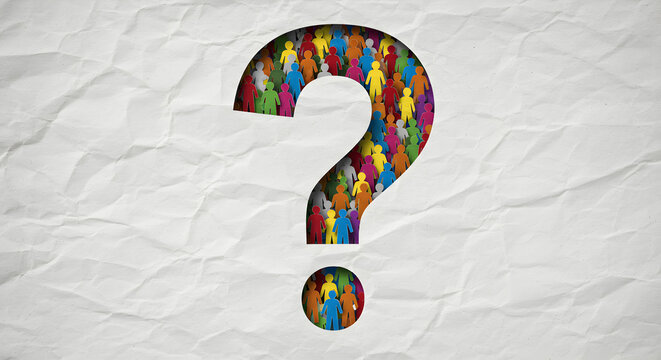 Question Mark Filled with Multicolored Human Figures on Textured Background Symbolizing Uncertainty and Diversity