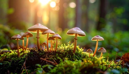 Forest mushrooms bathed in sunlight