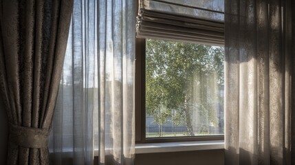 Obraz premium Serene Window View: Sheer Curtains and Sunlight Illuminating a Tranquil Summer Day