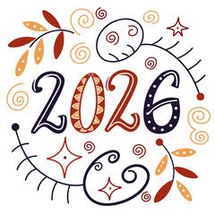 Festive decorative year number with floral elements and swirls 2026