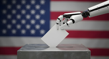 Robotic Arm Inserts Ballot in Metal Box Before Blurred American Flag Symbolizing Technology Influence in Elections
