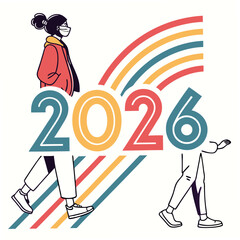 Flat design 2026 with bold colors and people year walking