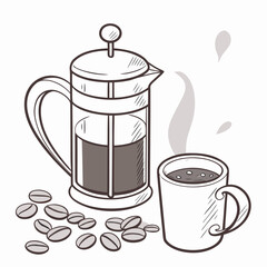 French press coffee brewing with scattered beans and steaming mug vector