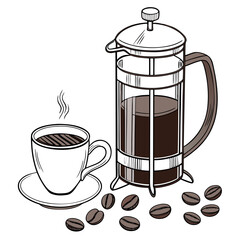 French press coffee cup and beans illustration saucer coffee beans