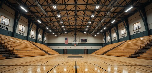 Interior wide view of an empty high school gymnasium with wooden bleachers and polished basketball