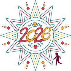 Geometric new year design with stylized figure and festive circles 2026