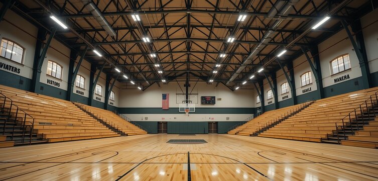 Interior wide view of an empty high school gymnasium with wooden bleachers and polished basketball