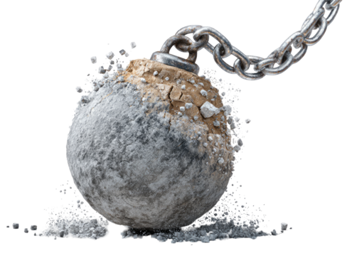 A heavy metal ball, bound by a chain, shatters into many small pieces