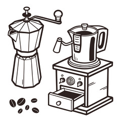 Hand drawn coffee maker grinder and beans espresso