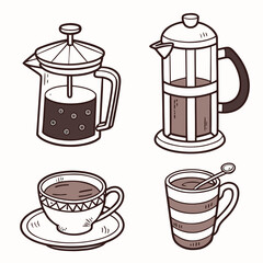 Hand drawn coffee makers and cups with brown beverage french press saucer