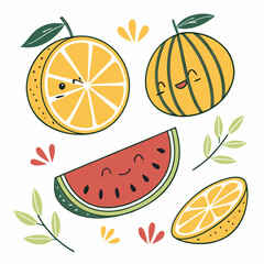 Happy Citrus Fruits And Watermelon Slice orange lemon