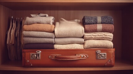 Neatly Stacked Winter Clothes in Vintage Suitcase