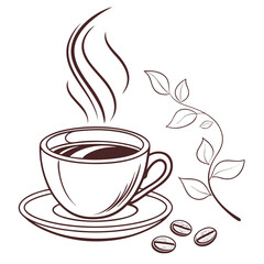 Hot coffee cup with steam and coffee beans and leaves hot beverage coffee plant