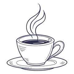 Hot steaming coffee cup on saucer line art hot beverage drink