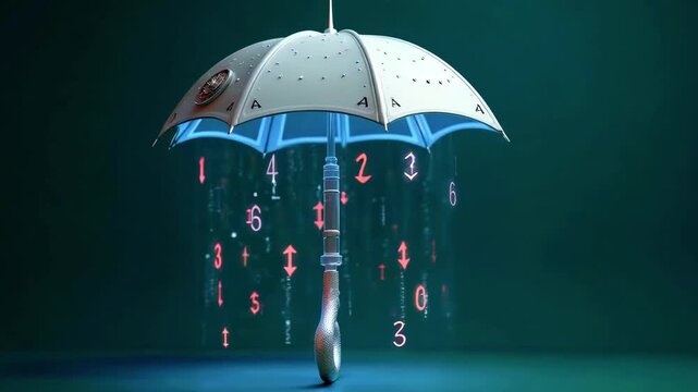 Digital umbrella with binary rain in a futuristic setting, symbolizing data protection and security