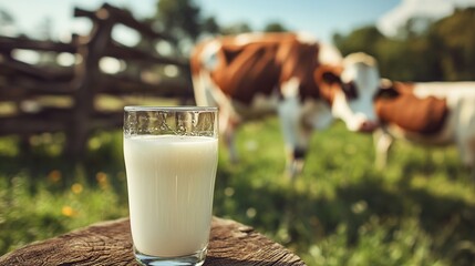 A glass of fresh milk sits on a weathered wooden stump in a rural pasture, with cows grazing in the background under a bright, sunny sky.