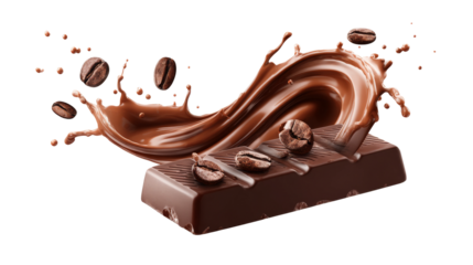 Chocolate Bar displays Coffee Beans with Chocolate Swirl and transparent background.
