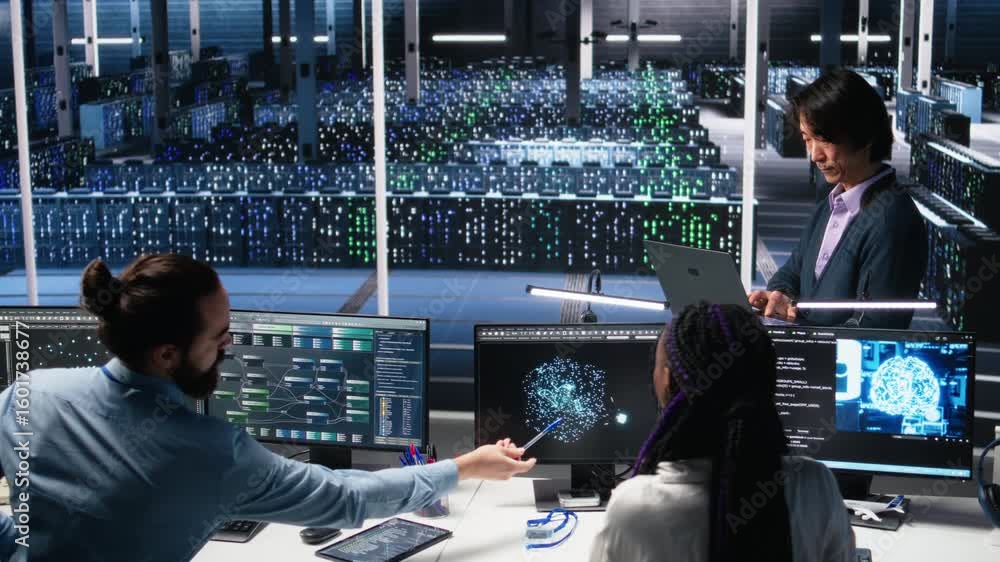 Poster software developers cooperating in data center, reviewing ai diagnostics on computer. it staff membe