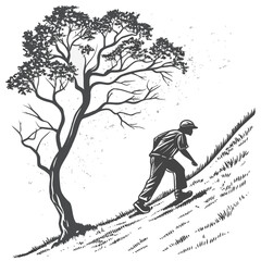 Man climbing grassy hill near bare tree vector
