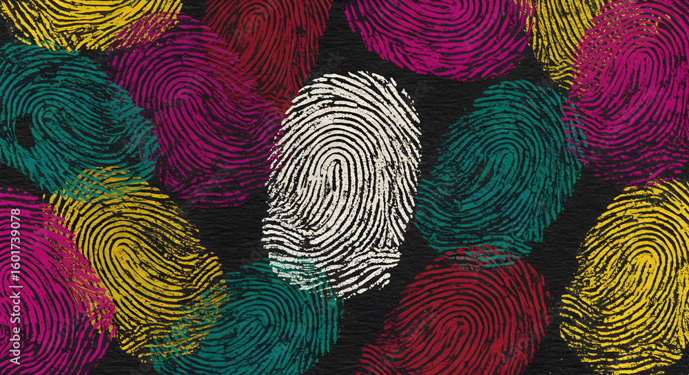 Poster vibrant fingerprints pattern with dominant white print on textured dark background