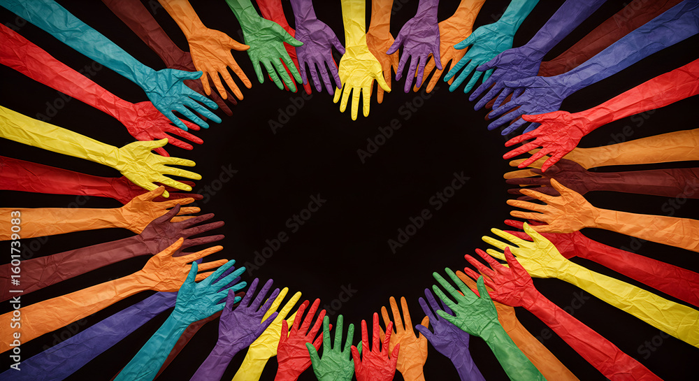 Aufkleber vibrant multicolored hands forming heart shape symbolizing unity and inclusivity on black backdrop