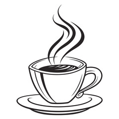 Minimalist illustration of a steaming coffee cup with saucer hot beverage black and white