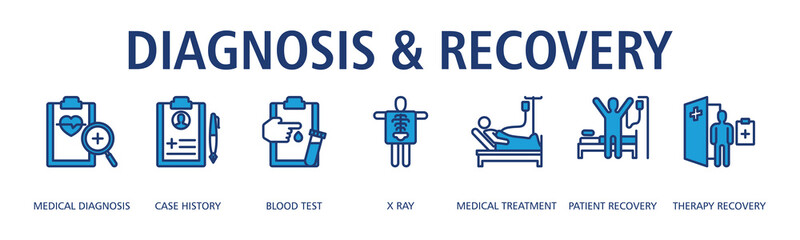 Diagnosis And Recovery Web Banner Outline Blue icon vector illustration concept with icon of medical diagnosis, case history, blood test, x ray, medical treatment, patient recovery, therapy recovery