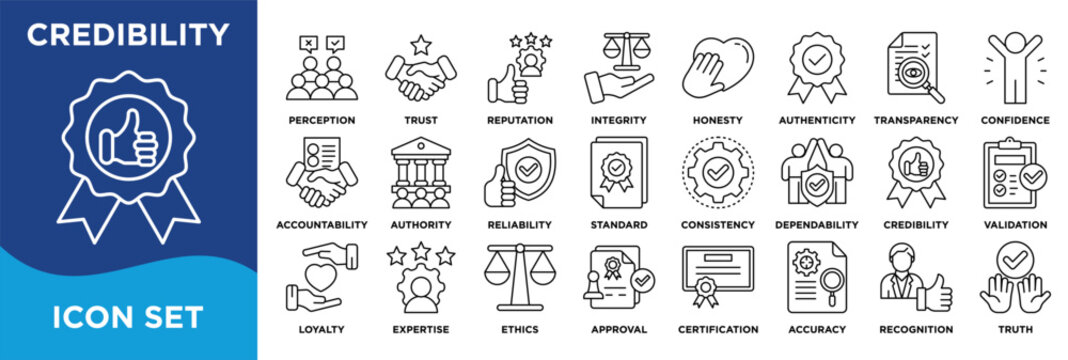 CREDIBILITY icon collection set. Containing credibility,trust,reputation,integrity,honesty,authenticity,transparency,ethics,accountability,loyalty icon. Simple line vector.
