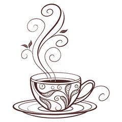 Ornate coffee cup with swirling steam and decorative patterns saucer hot beverage