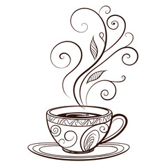 Ornate coffee cup with swirling steam and decorative elements saucer swirls