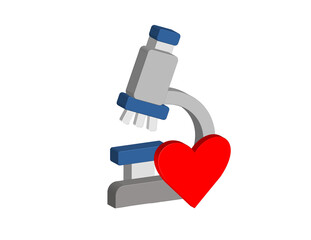 Simple 3D illustration of a microscope icon with a heart. Transparent background, PNG format.