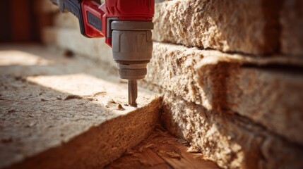 Insulation Installation: A Close-Up View of a Drill Attaching Insulation Material