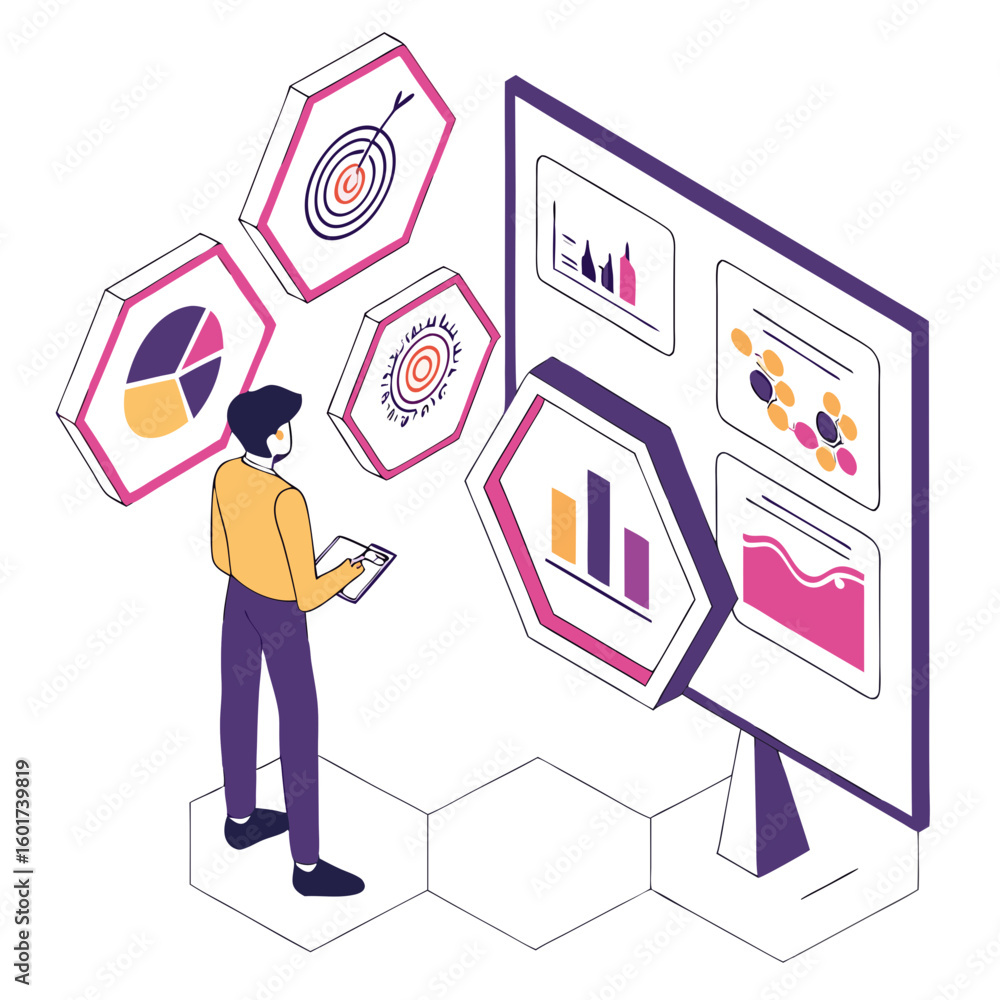 Poster person analyzing data with hexagonal charts and screen infographic data analysis