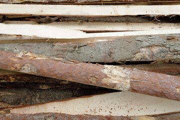 Freshly cut wooden boards with bark and sawdust, piled up for air drying, woodworking, or firewood use.