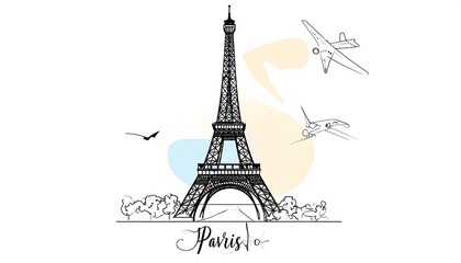 Eiffel Tower illustration with Paris text, planes, and shapes