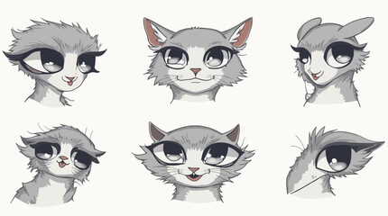 Collection of adorable grey cartoon animal heads with big eyes expressions