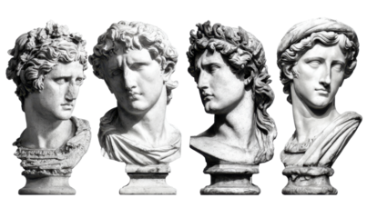 Four antique-style busts, possibly marble, in grayscale