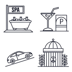 Spa bathtub drinks car parking building icons vector