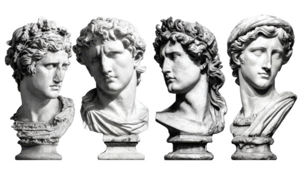 Four antique-style busts, possibly marble, in grayscale