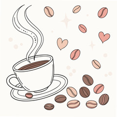 Steaming coffee cup with scattered beans and hearts saucer