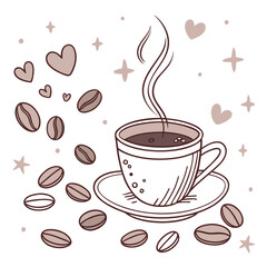 Steaming coffee cup with scattered beans and hearts saucer