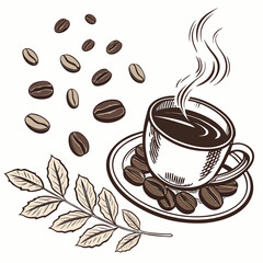 Steaming coffee cup with scattered beans and branch saucer