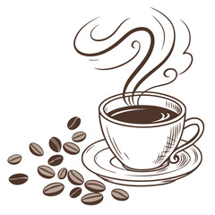 Steaming coffee cup with scattered beans saucer